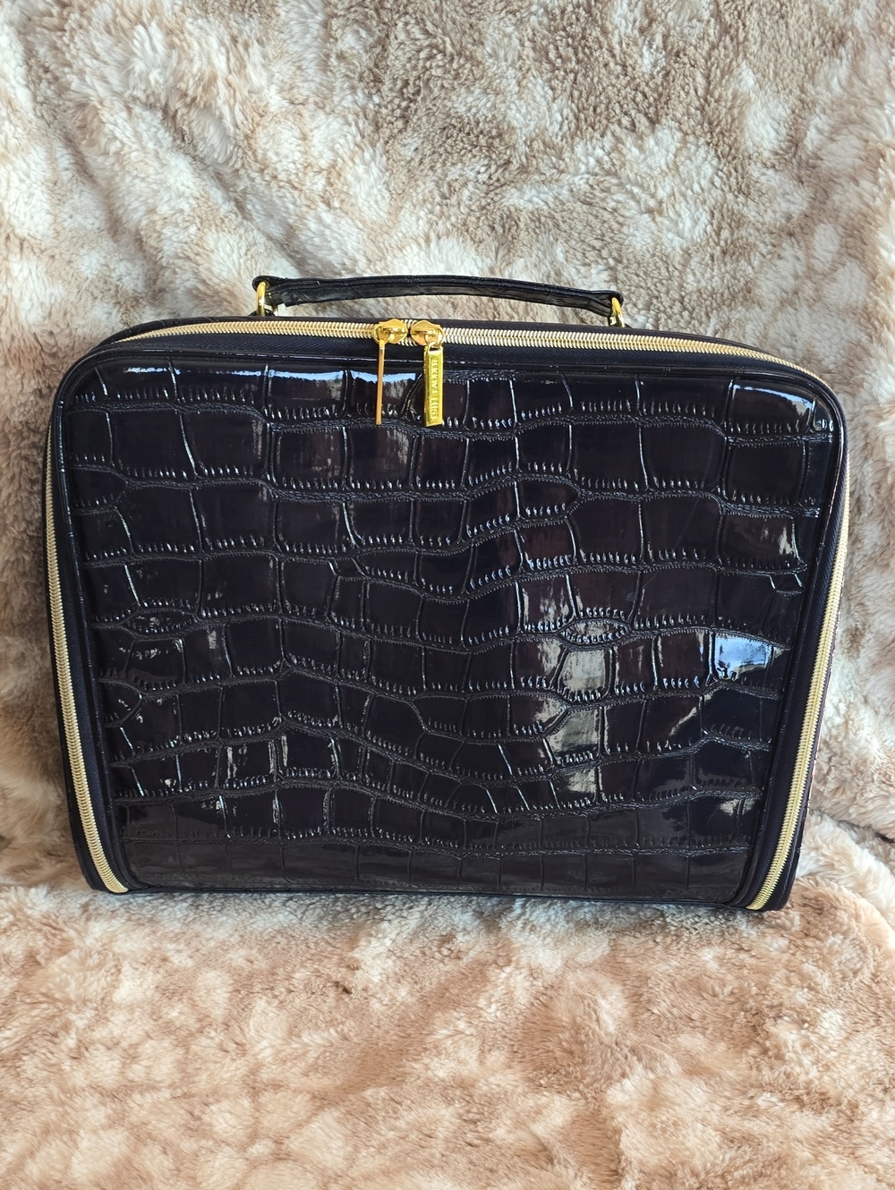 Navy Croc-Embossed Travel Case with Gold Trim